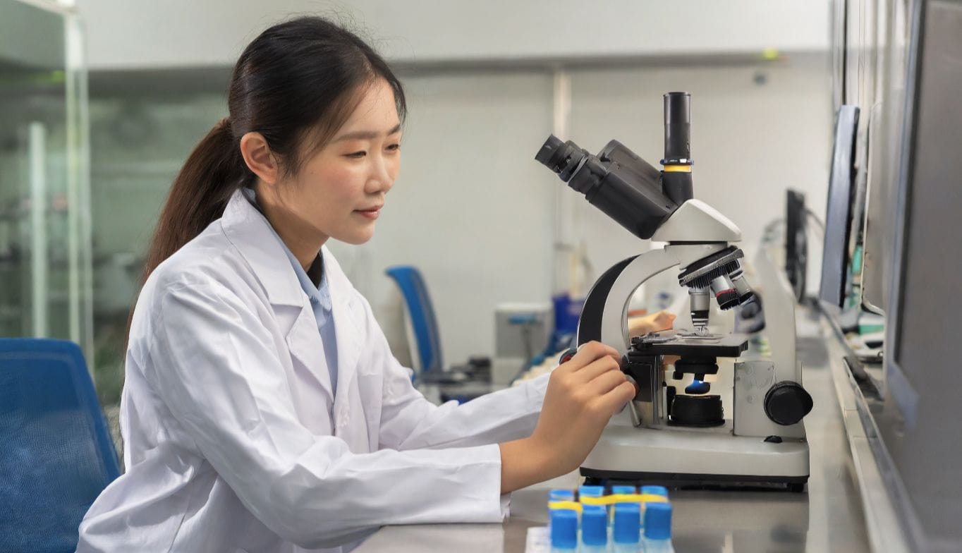 Female lab tech working on a microscope